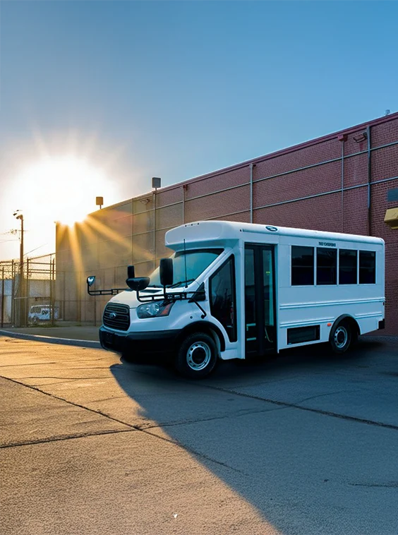 White shuttle bus parked next to a prison near Elkhart